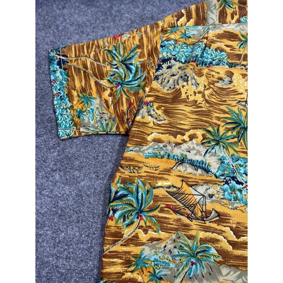 Vintage Waikiki 76 Mens Large Hawaiian Aloha Shirt Palm Trees Sail Boat Brown Lg - Picture 14 of 15